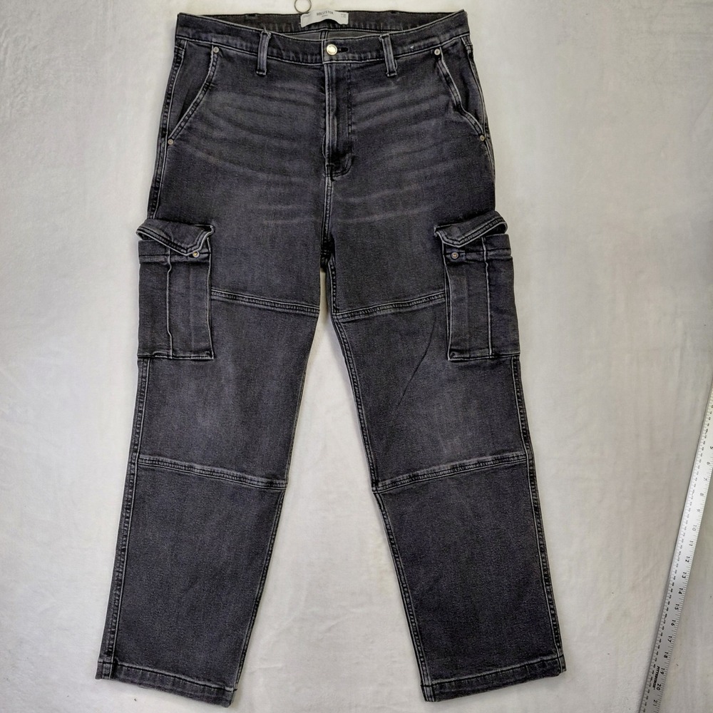 Hollister Men Baggy Cargo Jeans 36x32 Washed Black Utility Skater Denim Pants